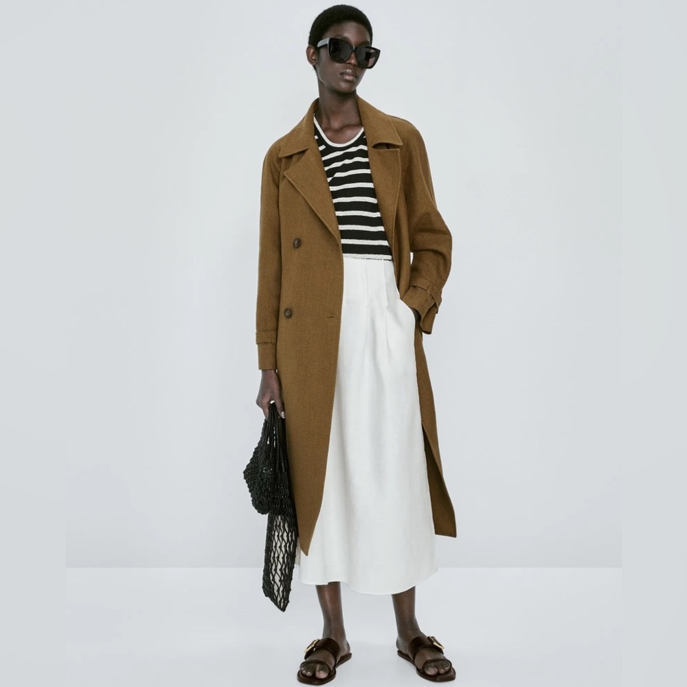 MASSIMO DUTTI 100% Linen Midi Skirt With Darts And Seam Details In White